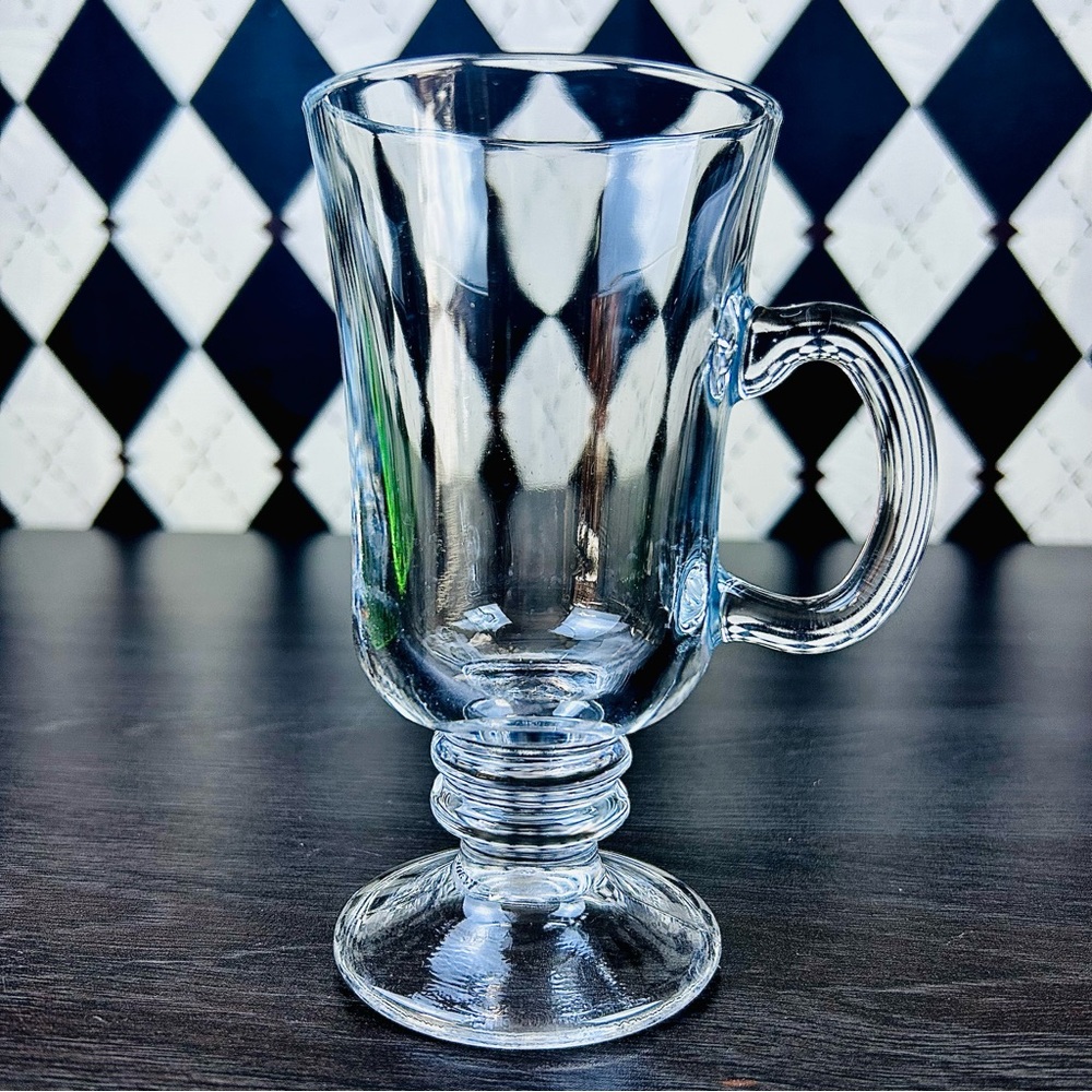 Pair Pedestal Glass Coffee Mugs with Faceted Body And Handle - Picture 7 of 9